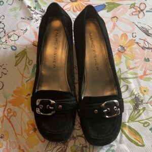 Marc Fisher Black Suede Buckle Wedges Womens 9.5 Square Toe Great Condition